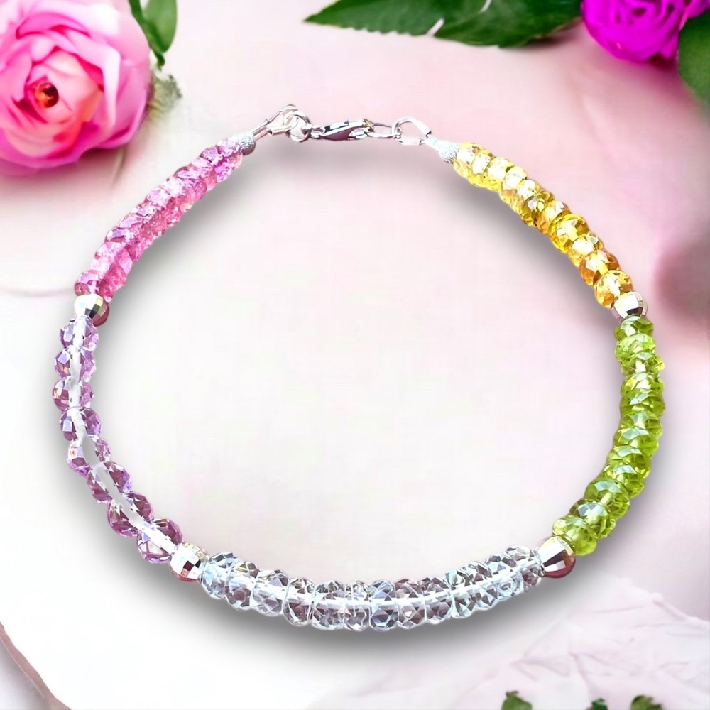 Solid 18K White Gold Bracelet with Rainbow Gems: Peridot & Sapphire Adjustable